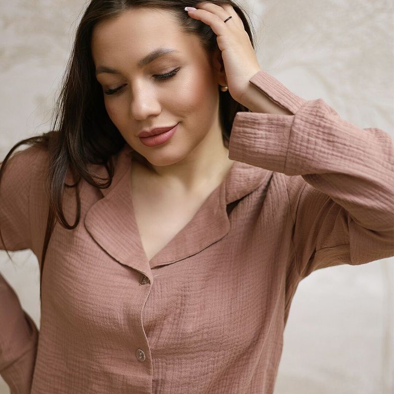 Pajamas set with muslin pants - coffee, S