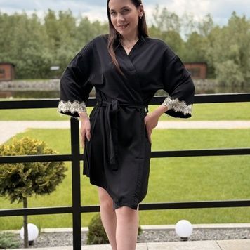 Women's soft robe "gentle lace" - black with milk, S