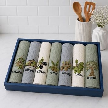 Kitchen waffle towel set "week" - olive, 40*60 (7pcs)